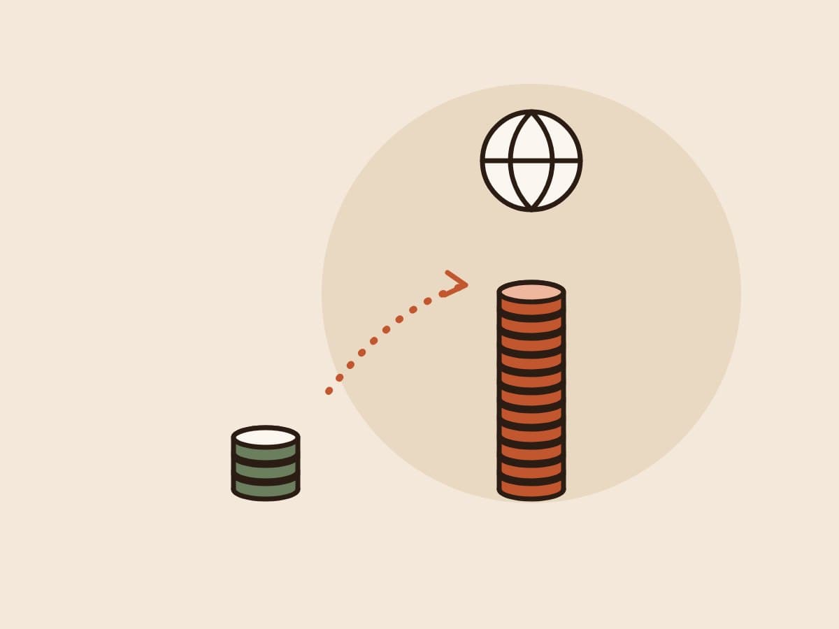 Illustration of a small coin stack beside a much taller one under a globe