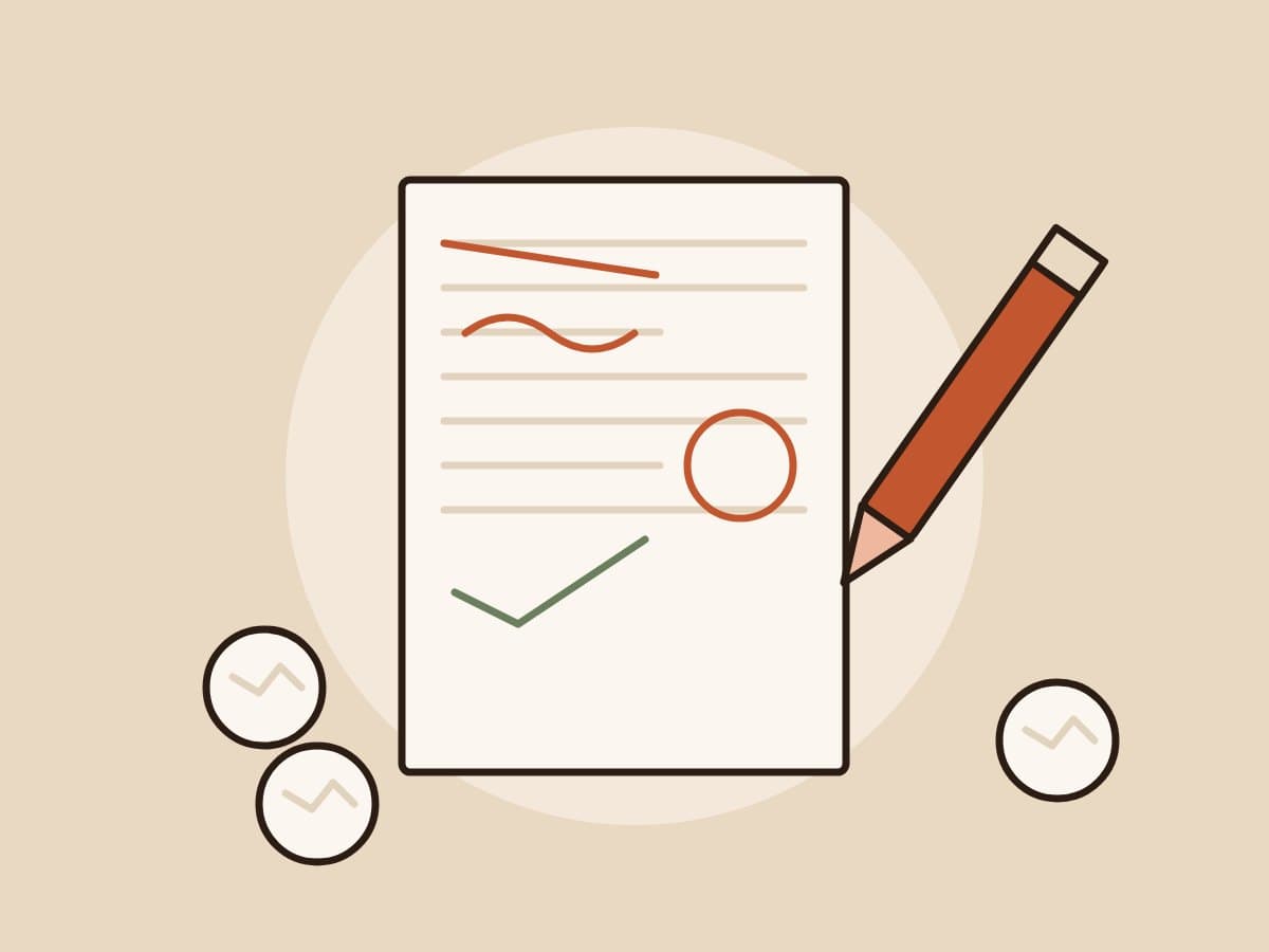 Illustration of a resume marked up with a red pencil and crumpled drafts