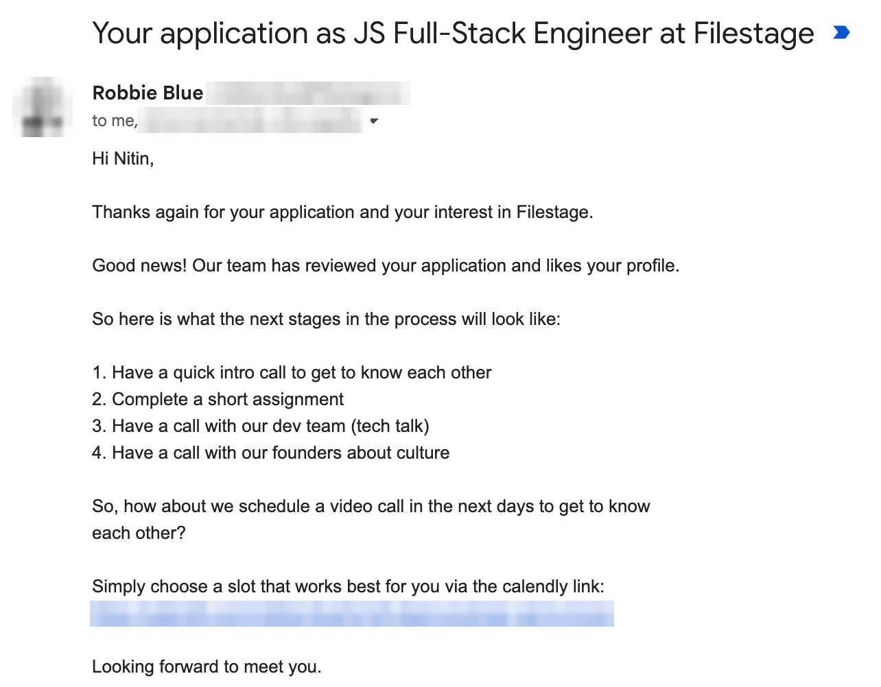 Email from Filestage, a company in Germany, inviting Nitin to the next interview stages