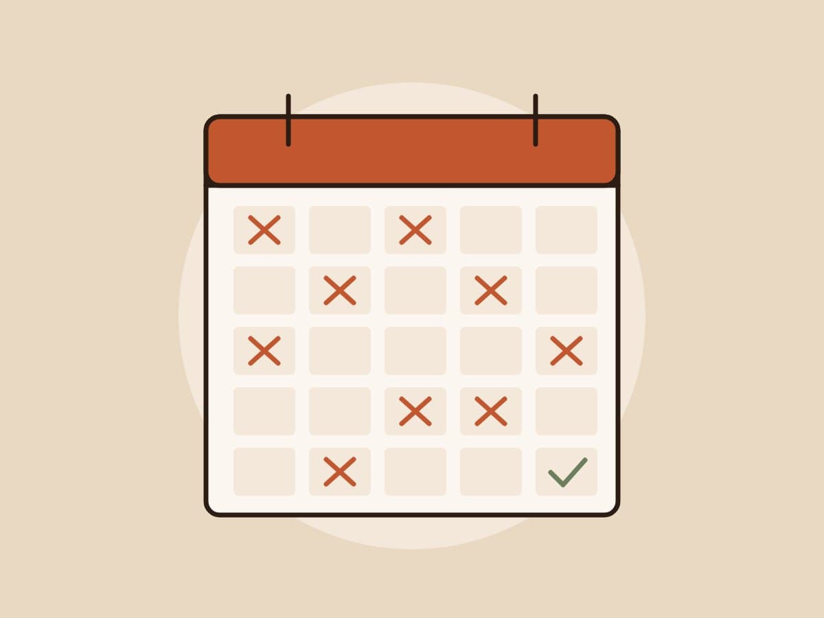 Illustration of a calendar full of crossed-out days and one tick