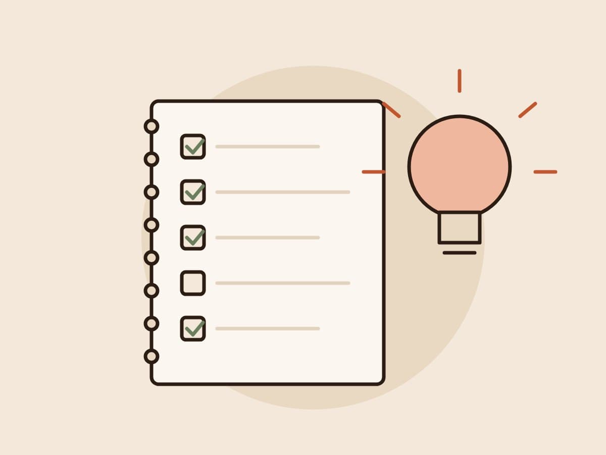 Illustration of a checklist notebook and a lit bulb