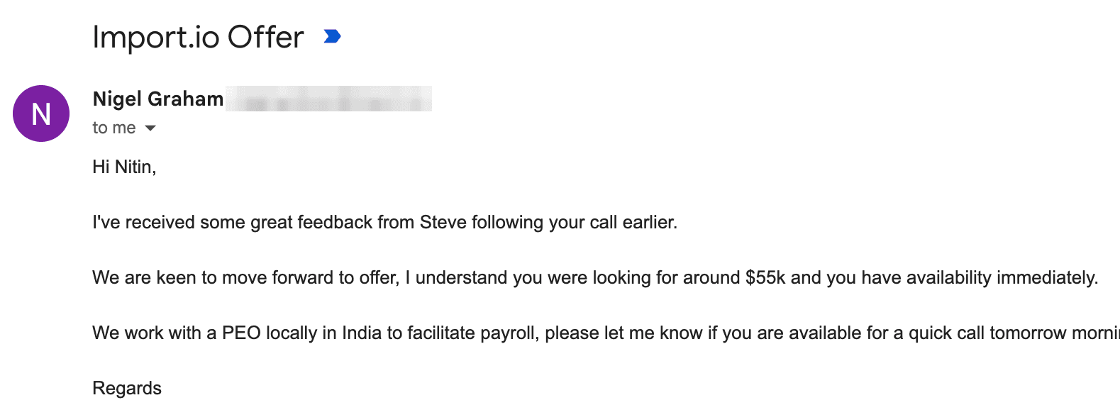 Email from Import.io saying they are keen to move forward with an offer for Nitin